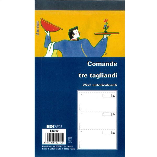 Blocco Comande a 3 Tagliandi 25/25 Fogli Ricalcanti 17x9,9 E5917
