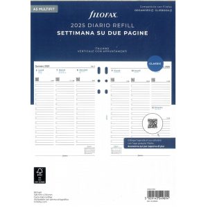 Filofax Ricambio Colore Bianco Agenda Anelli A5-Master 2025,Planning Settimanale Verticale 148x210mm.