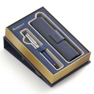 Set Penna Stilografica con Custodia Waterman Expert-Confezione Regalo,Blu Deluxe con Finiture Cromate CT