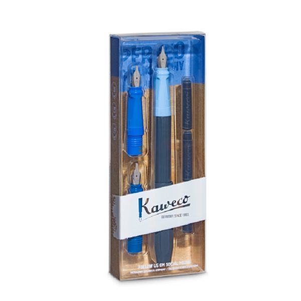 Kaweco Perkeo Penna stilografica per Calligrafia blu I Premium con 3 cartucce e 3 pennini: 1,1 mm, 1,5 mm, 1,9 mm.