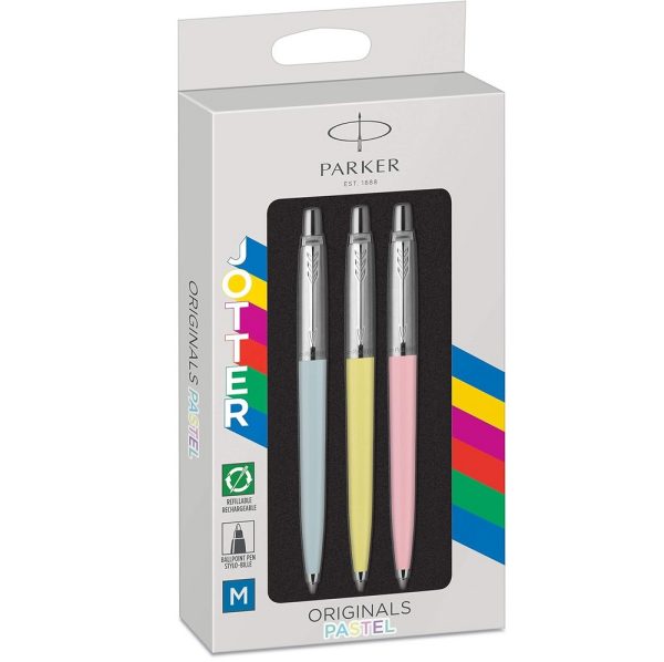 Set da 3 Parker Jotter Originals Pastel Blu Giallo Rosa Tratto Medio Blu