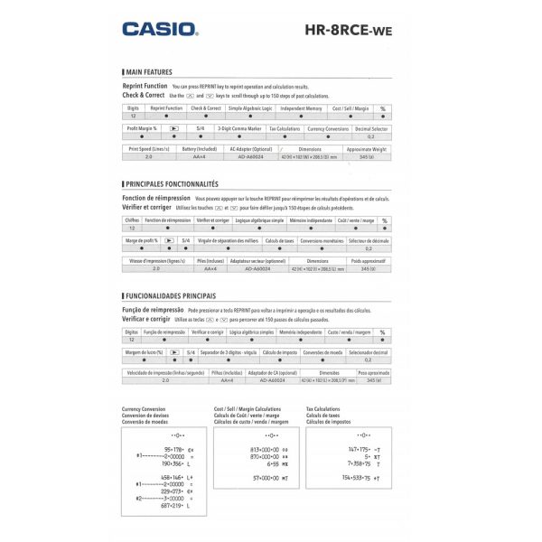 Casio Calcolatrice  Scrivente Portatile 12 Cifre HR-8RCE Bianca - immagine 5